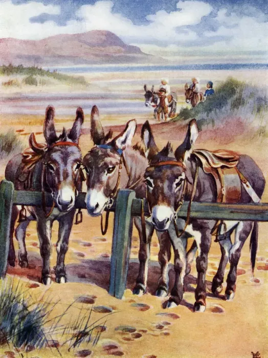 Framed Print : Donkeys - Donkeys on the beach tethered to a rail waiting to be ridden. Date: circa 1920 Framed Print : Donkeys - Donkeys on the beach tethered to a rail waiting to be ridden. Date: circa 1920
