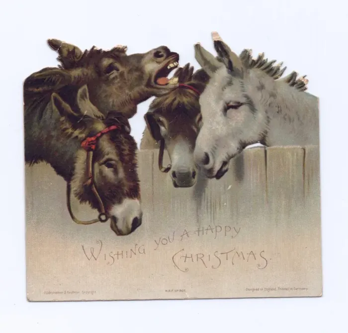 Framed Print : Four donkeys on a cutout Christmas card Framed Print : Four donkeys on a cutout Christmas card