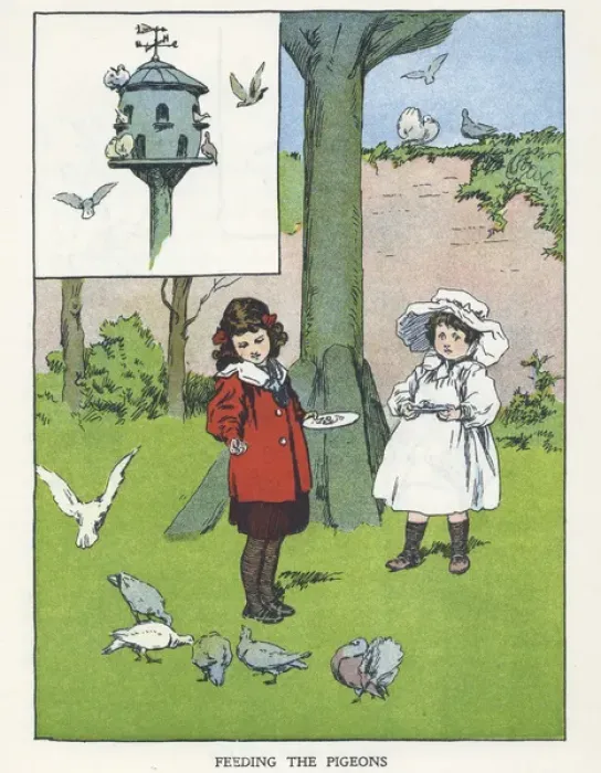 Framed Print : Out of Doors -- two children feeding pigeons Framed Print : Out of Doors -- two children feeding pigeons