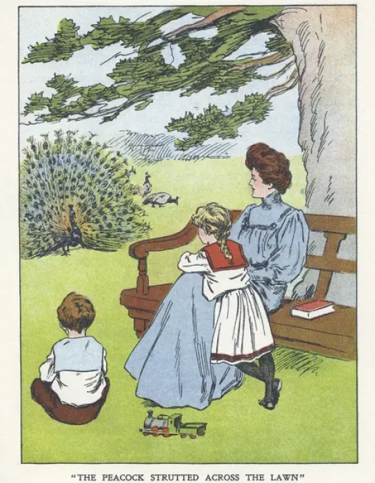 Framed Print : Out of Doors -- mother, children and peacock Framed Print : Out of Doors -- mother, children and peacock