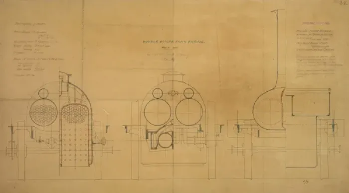 Framed Print : Double boiler tank engine, front elevation and sections Framed Print : Double boiler tank engine, front elevation and sections