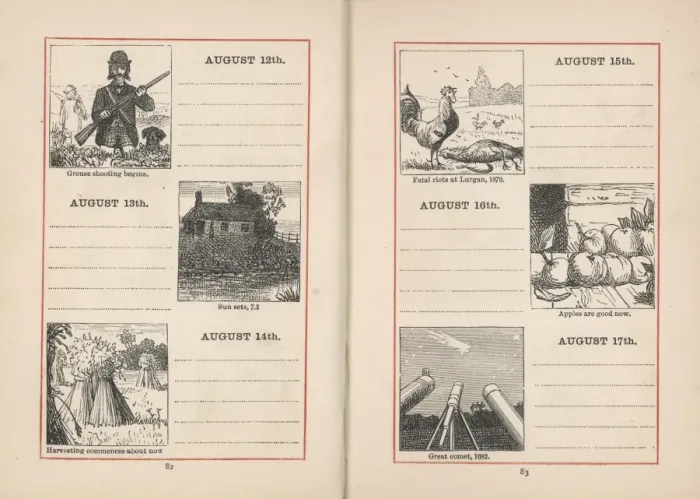 Framed Print : Double page spread in a diary for 12-17 August Framed Print : Double page spread in a diary for 12-17 August