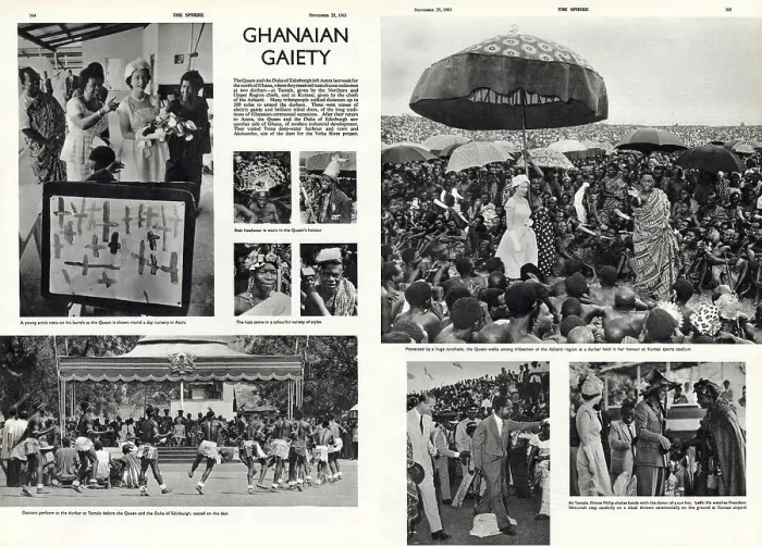 Framed Print : Double page spread from The Sphere reporting on the royal tour of Ghana in 1961, specifically the trip made by the Queen and Duke of Edinburgh to north Ghana, where durbars were held at both Tamale and Kumasi Framed Print : Double page spread from The Sphere reporting on the royal tour of Ghana in 1961, specifically the trip made by the Queen and Duke of Edinburgh to north Ghana, where durbars were held at both Tamale and Kumasi
