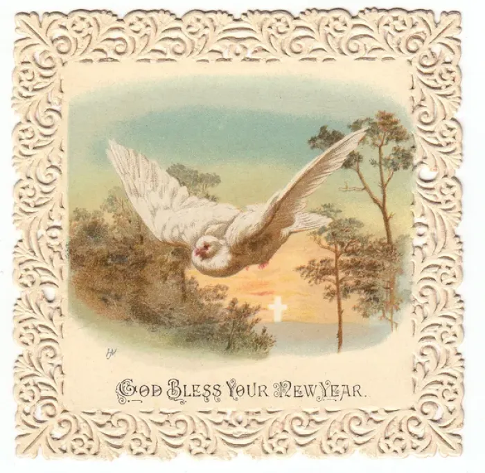 Framed Print : Dove in flight on a New Year card Framed Print : Dove in flight on a New Year card