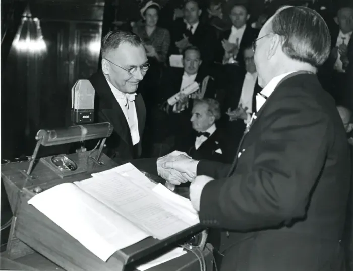 Framed Print : Dr Hugh Dryden, left, is presented with his certificate ? Framed Print : Dr Hugh Dryden, left, is presented with his certificate ?