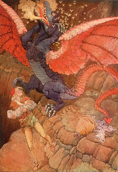 Framed Print : Dragon attacked by swarm of bees