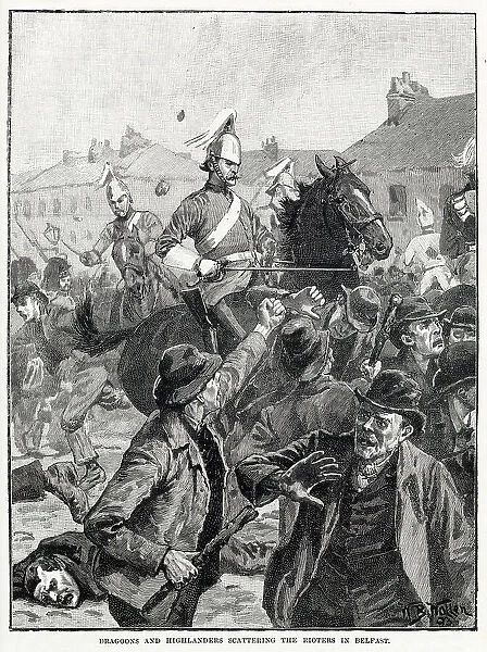 Dragoons and Highlanders scattering the Rioters in Belfast. Accordingly, the 4th Dragoon Guards and the 78th Highlanders, accompanied by the Royal Antrim Rifles were marched to Durham Street