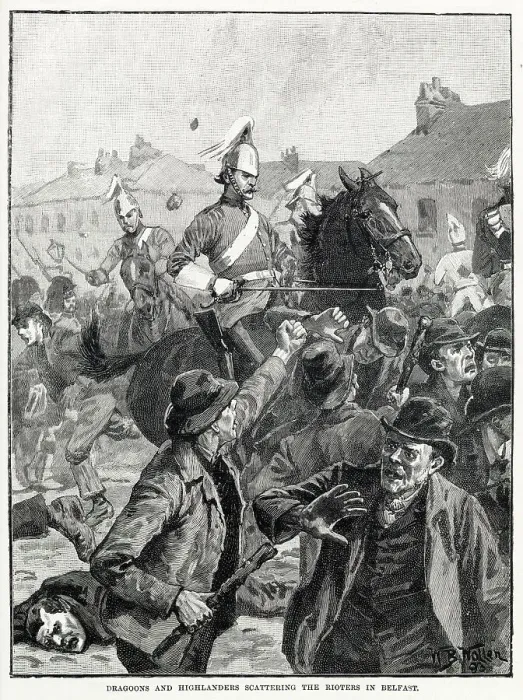 Framed Print : Dragoons and Highlanders scattering the Rioters in Belfast. Accordingly, the 4th Dragoon Guards and the 78th Highlanders, accompanied by the Royal Antrim Rifles were marched to Durham Street Framed Print : Dragoons and Highlanders scattering the Rioters in Belfast. Accordingly, the 4th Dragoon Guards and the 78th Highlanders, accompanied by the Royal Antrim Rifles were marched to Durham Street