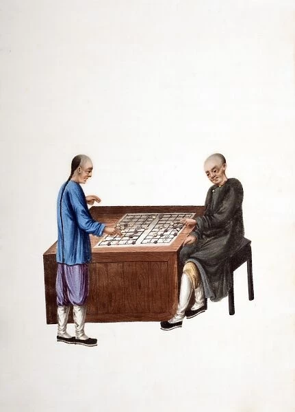 Drawing of 2 Chinese men playing mahjong