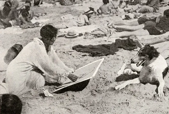 Framed Print : Drawing a borzoi on the beach at Biarritz Framed Print : Drawing a borzoi on the beach at Biarritz