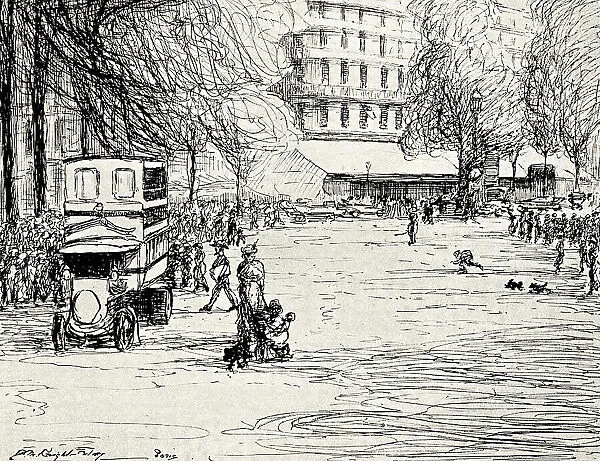 Paris. A drawing of a coach in Paris, with a large mass of people standing nearby