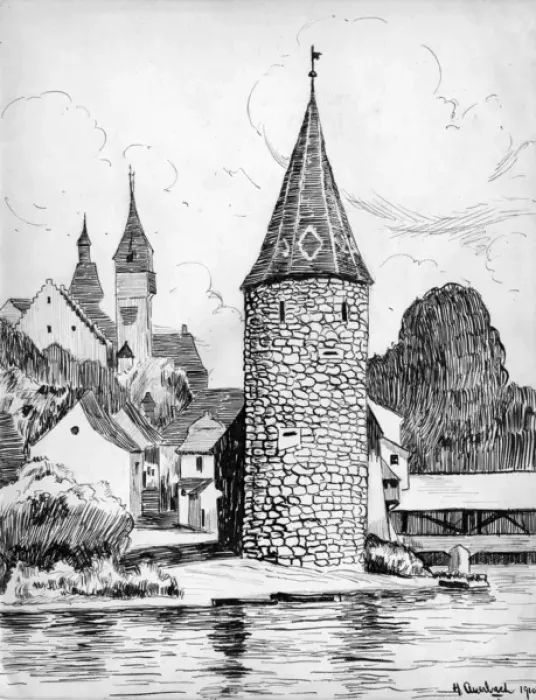 Framed Print : Drawing by Harold Auerbach, Bremgarten, Switzerland Framed Print : Drawing by Harold Auerbach, Bremgarten, Switzerland