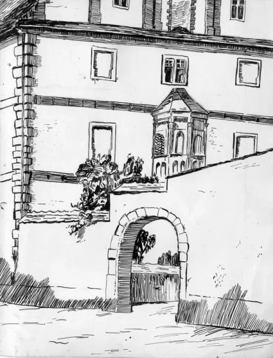 Framed Print : Drawing by Harold Auerbach, building and archway Framed Print : Drawing by Harold Auerbach, building and archway