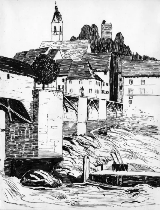 Framed Print : Drawing by Harold Auerbach, Laufenburg, Switzerland Framed Print : Drawing by Harold Auerbach, Laufenburg, Switzerland