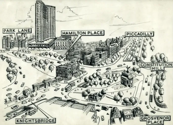 Framed Print : Drawing of Hyde Park Corner after 1963 Framed Print : Drawing of Hyde Park Corner after 1963