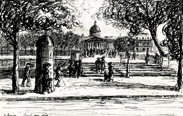 Framed Print : Paris. A drawing of Parisian people walking a pavement Framed Print : Paris. A drawing of Parisian people walking a pavement