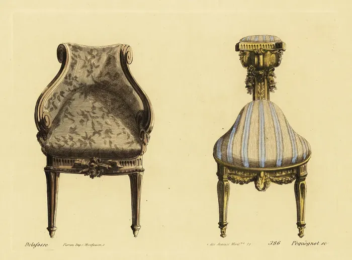 Framed Print : Drawing room armchair and three-leg chair in ornately carved woo Framed Print : Drawing room armchair and three-leg chair in ornately carved woo