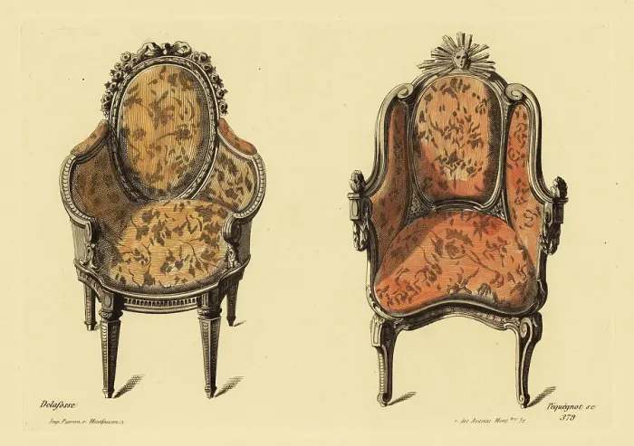 Framed Print : Drawing room armchairs in carved wood and rich fabric in the Lou Framed Print : Drawing room armchairs in carved wood and rich fabric in the Lou