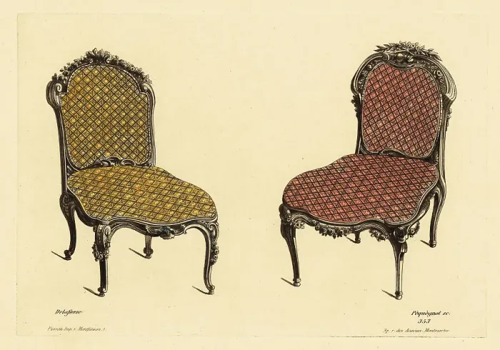 Framed Print : Drawing room chairs in carved wood with upholstered cushions in Framed Print : Drawing room chairs in carved wood with upholstered cushions in