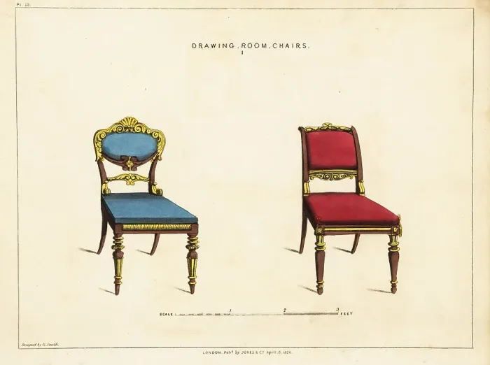 Framed Print : Two drawing room chairs, Regency style Framed Print : Two drawing room chairs, Regency style