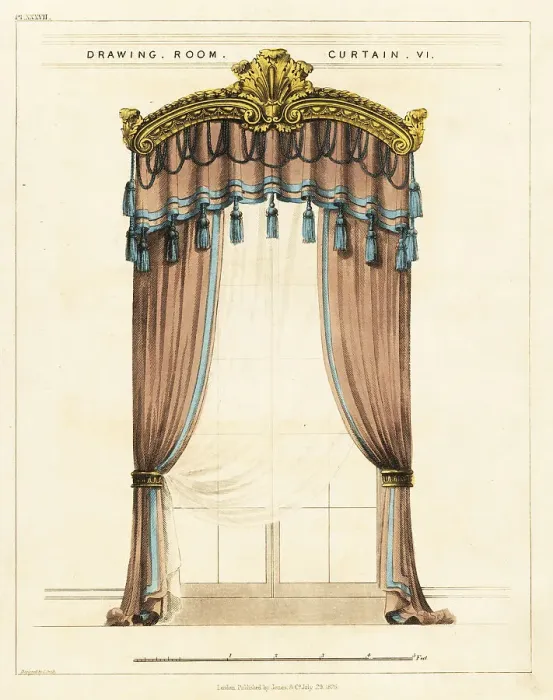 Framed Print : Drawing room curtains, Regency style Framed Print : Drawing room curtains, Regency style