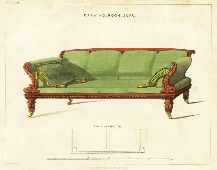 Framed Print : Drawing room sofa, Regency style Framed Print : Drawing room sofa, Regency style