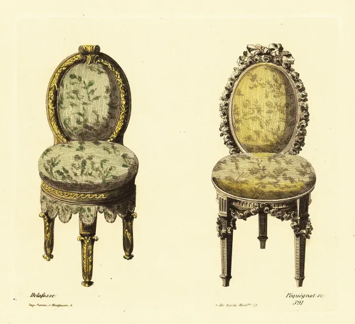 Framed Print : Drawing room three-leg chairs in carved wood and rich fabric uph Framed Print : Drawing room three-leg chairs in carved wood and rich fabric uph