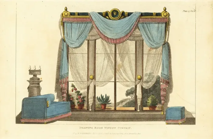 Framed Print : Drawing room window curtain, Grecian sofa and stool, 1812 Framed Print : Drawing room window curtain, Grecian sofa and stool, 1812