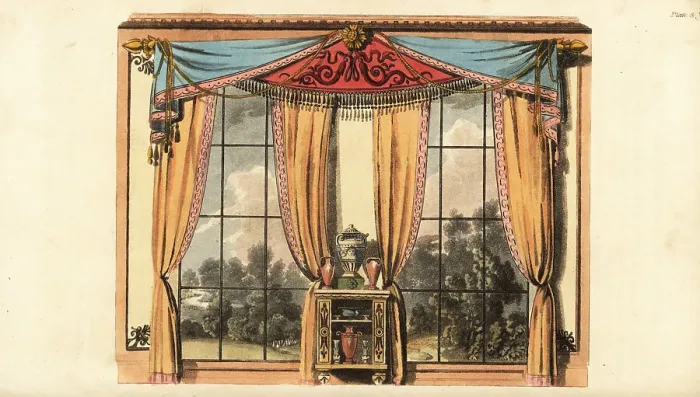Framed Print : Drawing-room window curtains and cabinet with inlays designed by Framed Print : Drawing-room window curtains and cabinet with inlays designed by