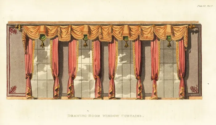 Framed Print : Drawing-room window curtains designed by George Bullock Framed Print : Drawing-room window curtains designed by George Bullock