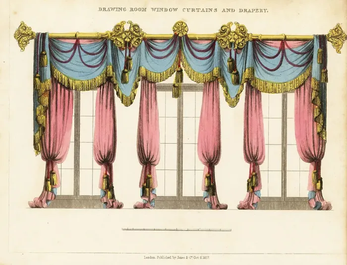 Framed Print : Drawing room window curtains and drapery, Regency style