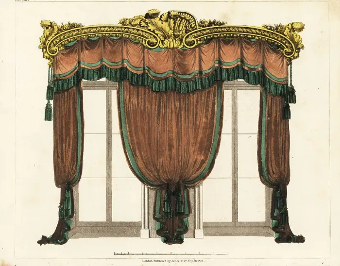 Framed Print : Drawing-room window curtains, Regency style Framed Print : Drawing-room window curtains, Regency style