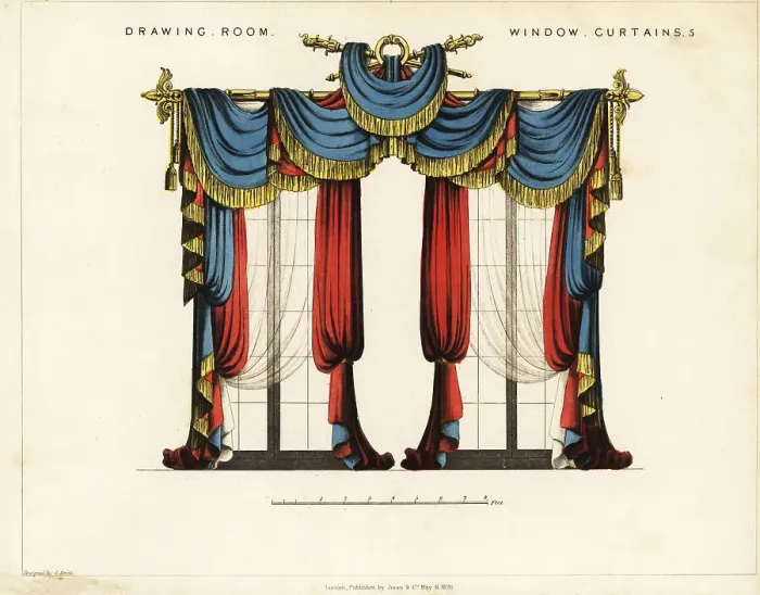Framed Print : Drawing room window curtains, Regency style Framed Print : Drawing room window curtains, Regency style