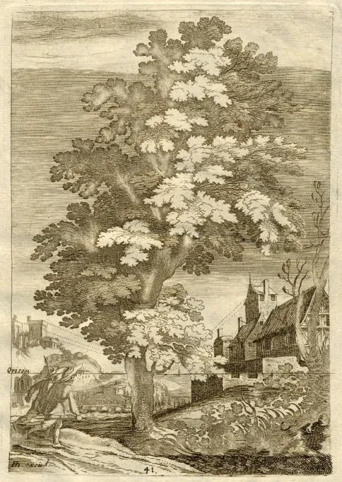 Framed Print : Drawing of tree and two men with buildings on hills Date: 1751 Framed Print : Drawing of tree and two men with buildings on hills Date: 1751