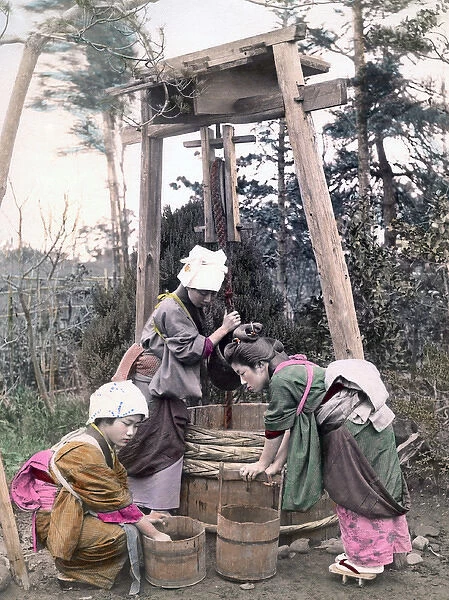 Drawing water from a well, Japan, circa 1880s