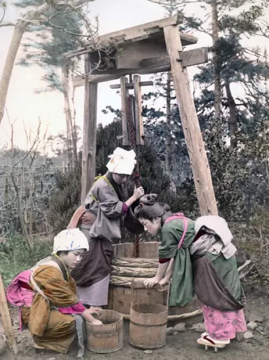 Framed Print : Drawing water from a well, Japan, circa 1880s Framed Print : Drawing water from a well, Japan, circa 1880s