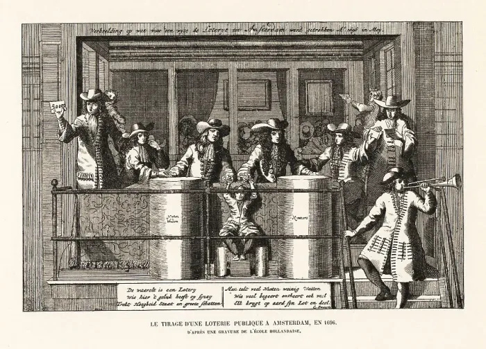Framed Print : Drawing winners in a public lottery in Amsterdam, 1696 Framed Print : Drawing winners in a public lottery in Amsterdam, 1696