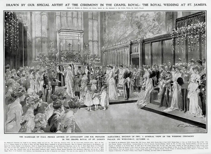 Framed Print : Drawn by our Special Artist at the ceremony in the Chapel Royal - The Royal Wedding at St. James's. Marriage of Prince Arthur of Connaught and Princess Alexandra, Duchess of Fife. Date: 1913 Framed Print : Drawn by our Special Artist at the ceremony in the Chapel Royal - The Royal Wedding at St. James's. Marriage of Prince Arthur of Connaught and Princess Alexandra, Duchess of Fife. Date: 1913