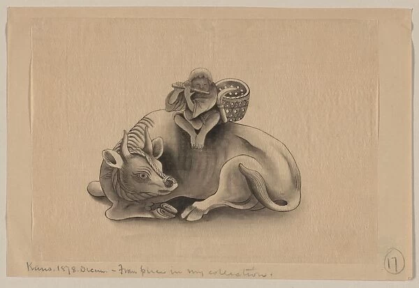 Dream. Drawing shows a boy or young man sitting on the back of a bull lying