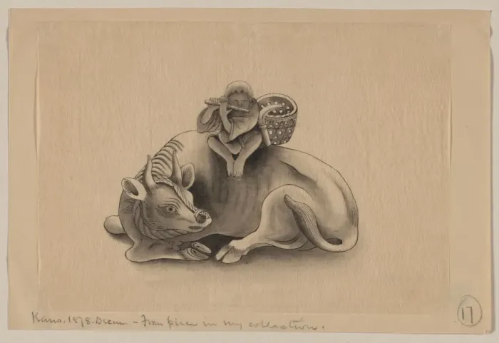 Framed Print : Dream. Drawing shows a boy or young man sitting on the back of a bull lying Framed Print : Dream. Drawing shows a boy or young man sitting on the back of a bull lying