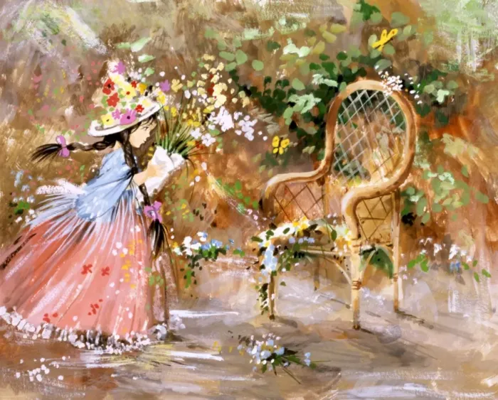 Framed Print : Dreamlike painting of a flowergirl and whicker chair Framed Print : Dreamlike painting of a flowergirl and whicker chair