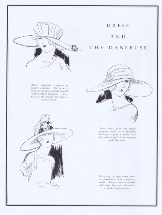 Framed Print : Dress and the Danceuse - three fashionable hat designs, 1922 Framed Print : Dress and the Danceuse - three fashionable hat designs, 1922