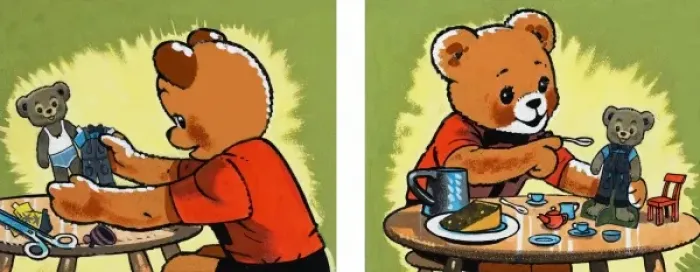 Framed Print : Dressing and feeding teddy Framed Print : Dressing and feeding teddy