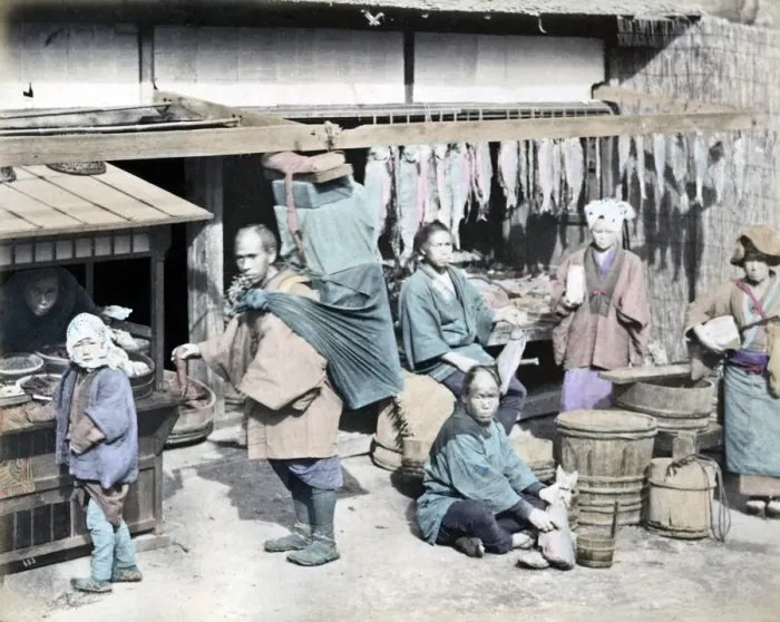 Framed Print : Dried fish stall Japan circa 1880s. Date: circa 1880s Framed Print : Dried fish stall Japan circa 1880s. Date: circa 1880s