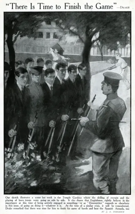 Framed Print : Drilling recruits in Temple Gardens, London, WW1 Framed Print : Drilling recruits in Temple Gardens, London, WW1