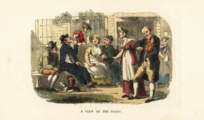 Framed Print : Drinkers and fiddler outside a village tavern, Georgian era Framed Print : Drinkers and fiddler outside a village tavern, Georgian era