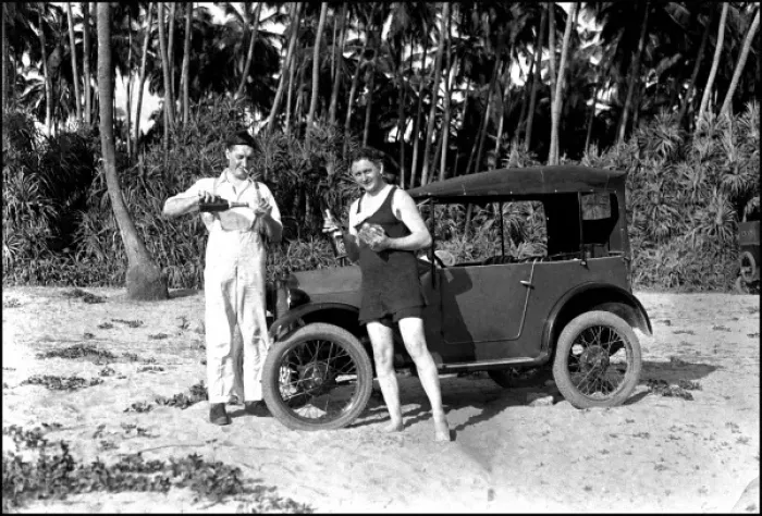 Framed Print : Drinking by an Austin 7 car on the beach Framed Print : Drinking by an Austin 7 car on the beach