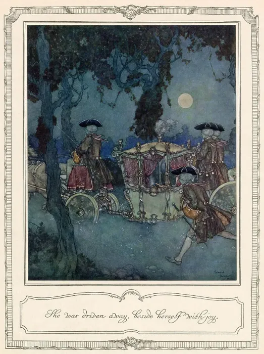 Framed Print : She was driven away, beside herself with joy. Cinderella goes to the ball, in a fine coach, courtesy of her fairy godmother. Illustration by Edmund Dulac. Date: 1911 Framed Print : She was driven away, beside herself with joy. Cinderella goes to the ball, in a fine coach, courtesy of her fairy godmother. Illustration by Edmund Dulac. Date: 1911