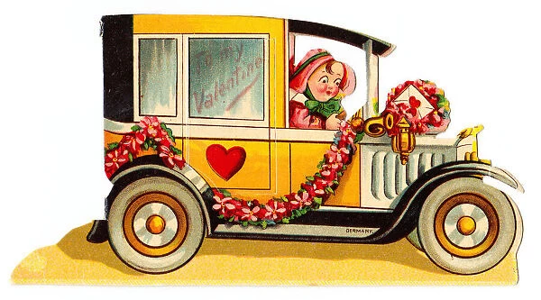 Driver in a car on a cutout Valentine card