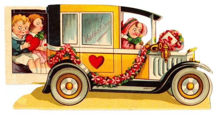 Framed Print : Driver and passengers in a car on a cutout Valentine card Framed Print : Driver and passengers in a car on a cutout Valentine card